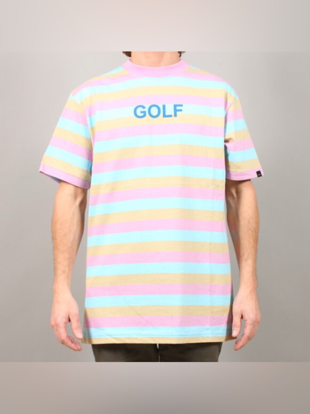 WOLF Striped Tee in Pink, Blue & Yellow with GOLF Logo Sz L Men’s
May A-1)